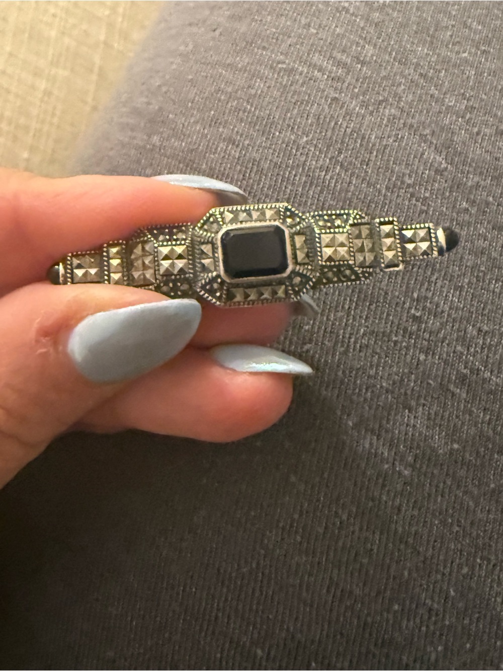 Judith Jack Sterling Silver Black Onyx Marcasite Art Deco Brooch Pin